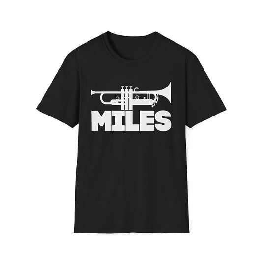 Black t-shirt with white graphic of a trumpet and the word "MILES".