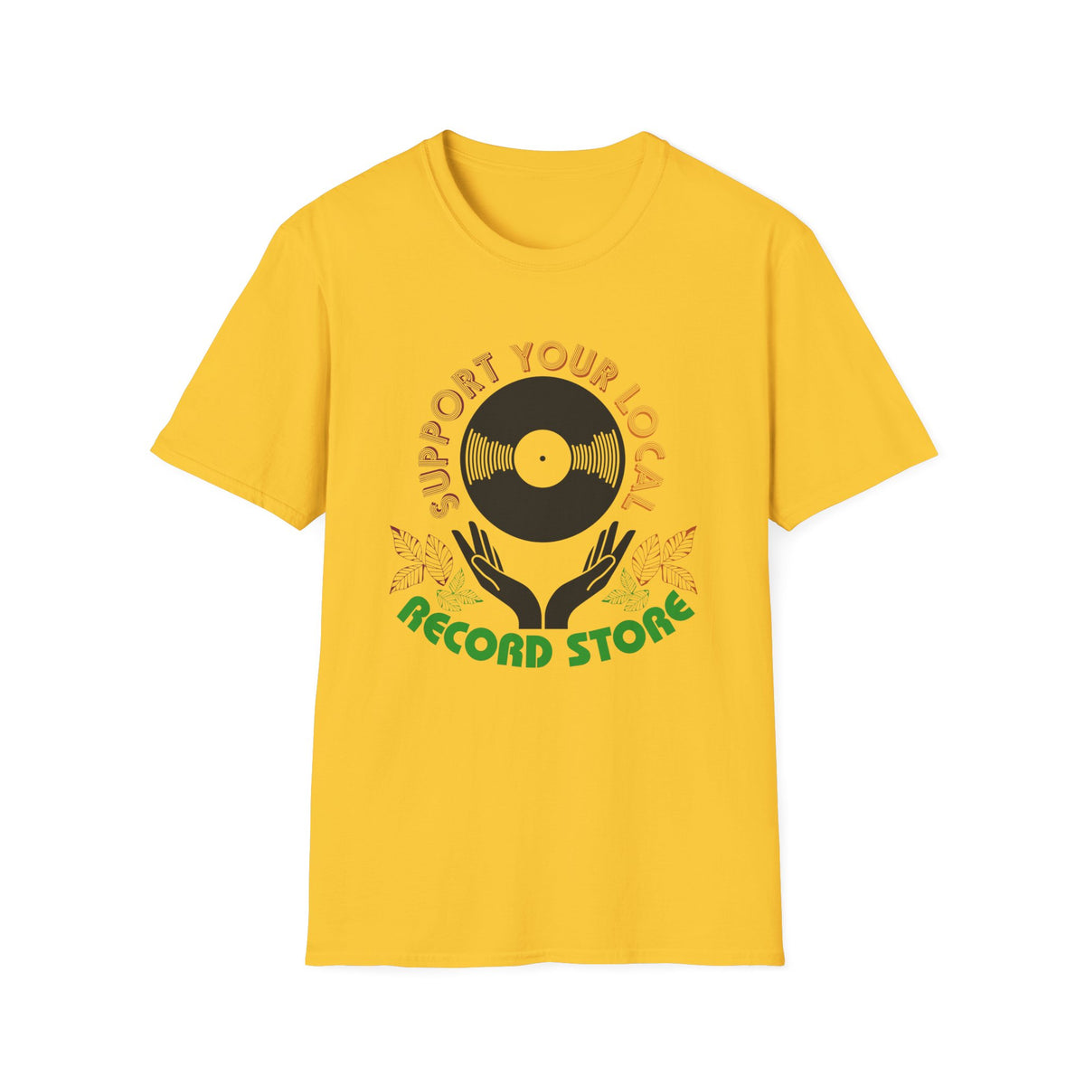 Yellow t-shirt with "Support Your Local Record Store" text and vinyl record graphic.