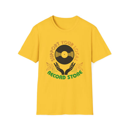 Yellow t-shirt with "Support Your Local Record Store" text and vinyl record graphic.