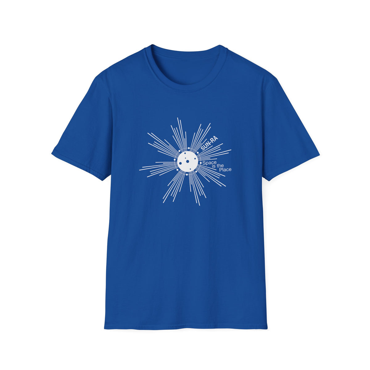 Blue t-shirt with white Sun-Ra "Space Is The Place" graphic.