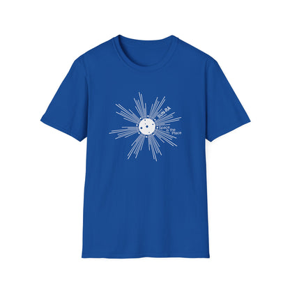 Blue t-shirt with white Sun-Ra "Space Is The Place" graphic.