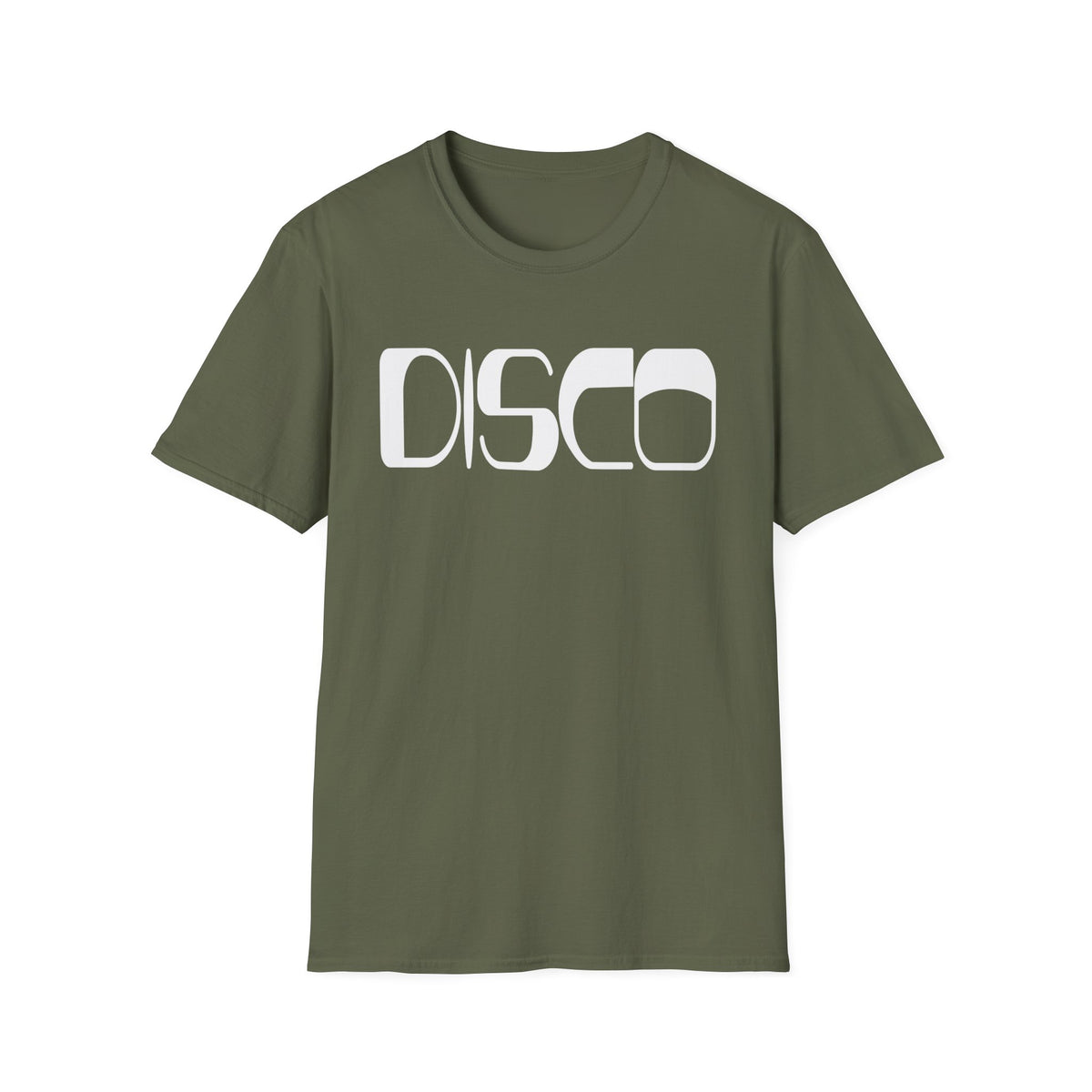 Olive green t-shirt with "DISCO" in white block letters.