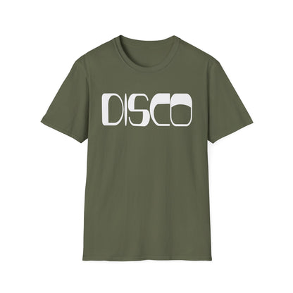 Olive green t-shirt with "DISCO" in white block letters.