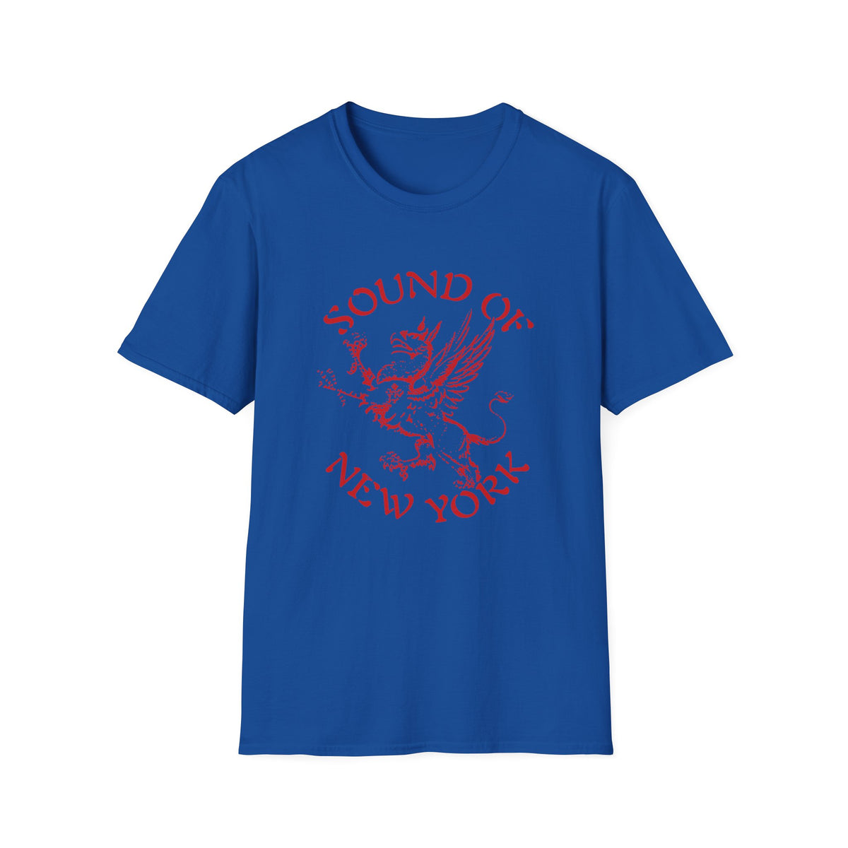 Blue t-shirt with red "Sound of New York" text and griffin graphic.