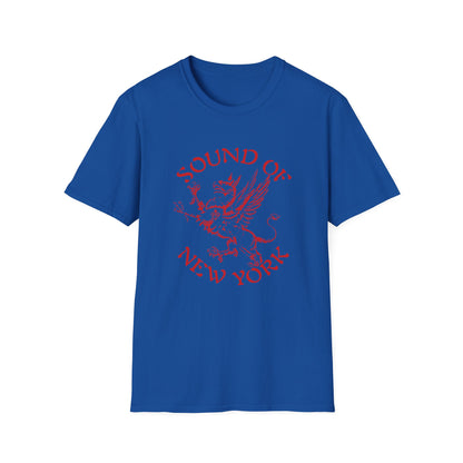 Blue t-shirt with red "Sound of New York" text and griffin graphic.