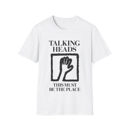 White t-shirt with "Talking Heads This Must Be The Place" and a hand graphic.