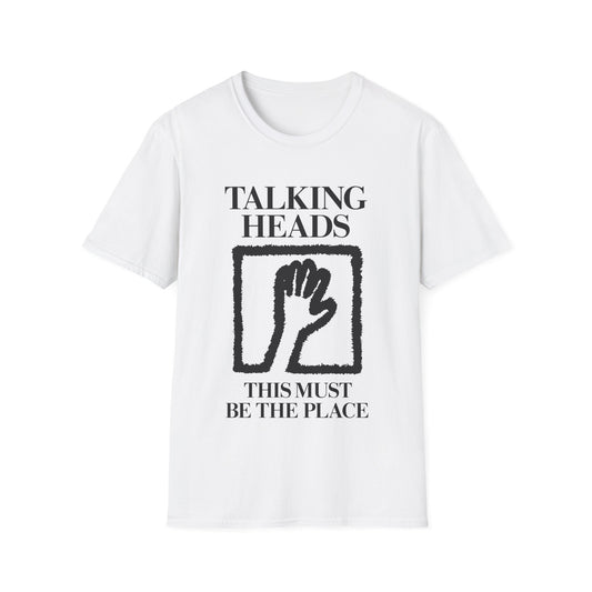 White t-shirt with "Talking Heads This Must Be The Place" and a hand graphic.