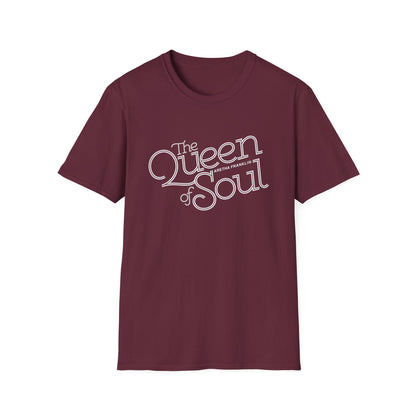 Maroon t-shirt with white "The Queen of Soul Aretha Franklin" text graphic.