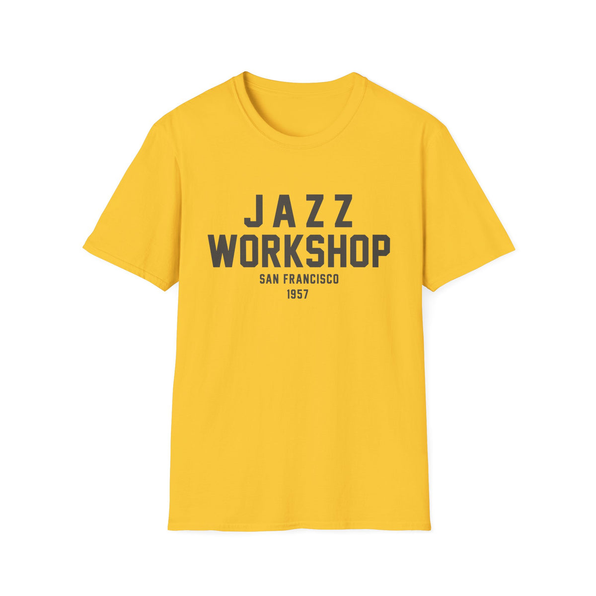 Yellow t-shirt with "JAZZ WORKSHOP SAN FRANCISCO 1957" text.