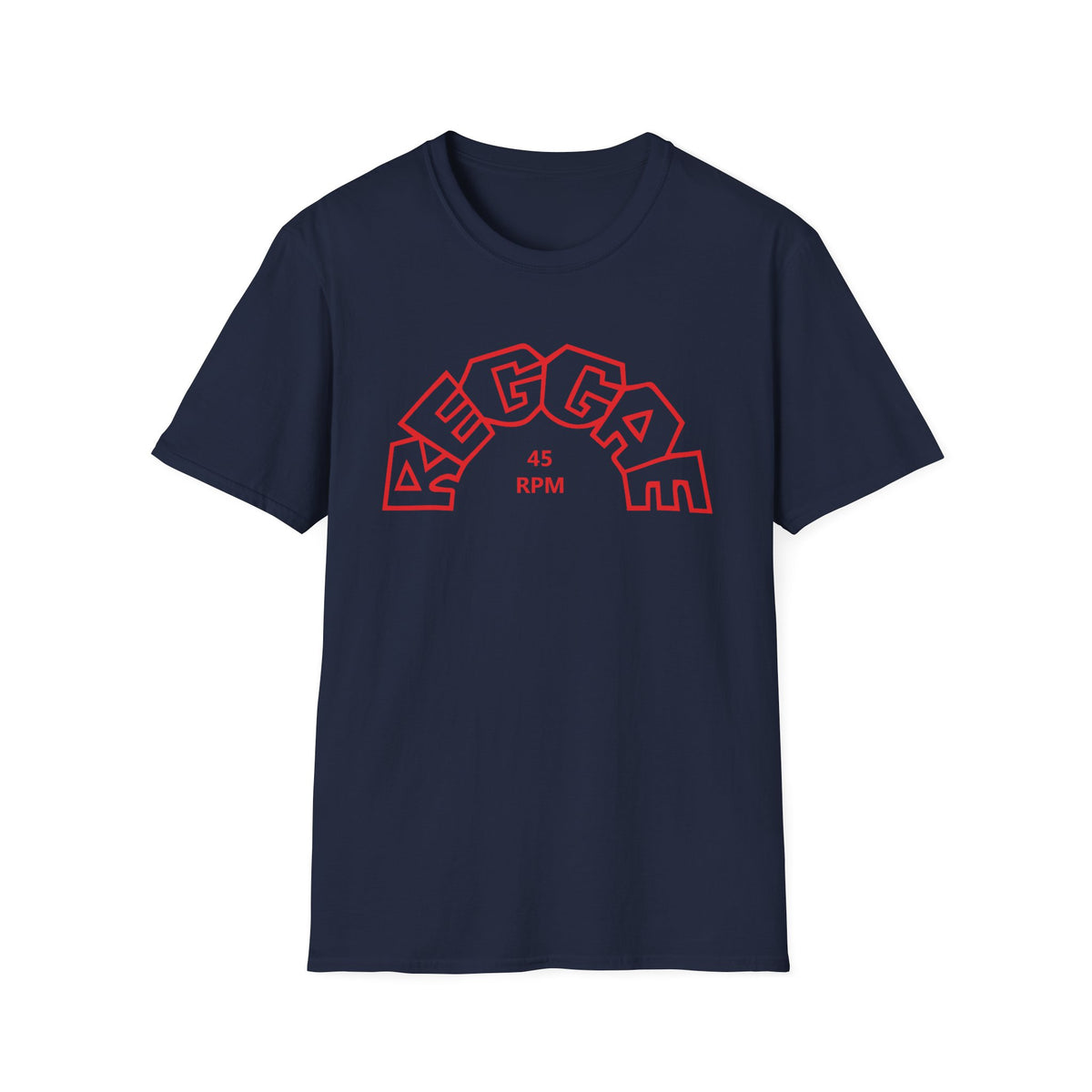 Navy t-shirt with red "REGGAE 45 RPM" graphic in an arched design.