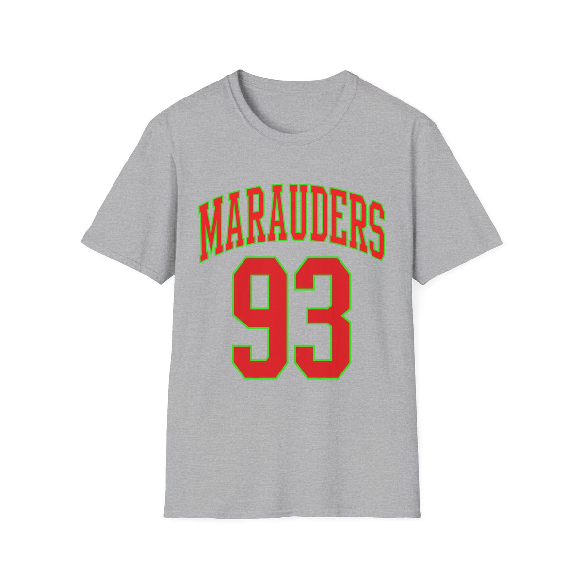 Grey t-shirt with "MARAUDERS 93" in red and green text.