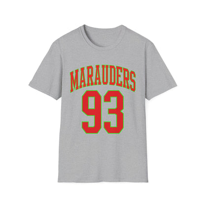 Grey t-shirt with "MARAUDERS 93" in red and green text.