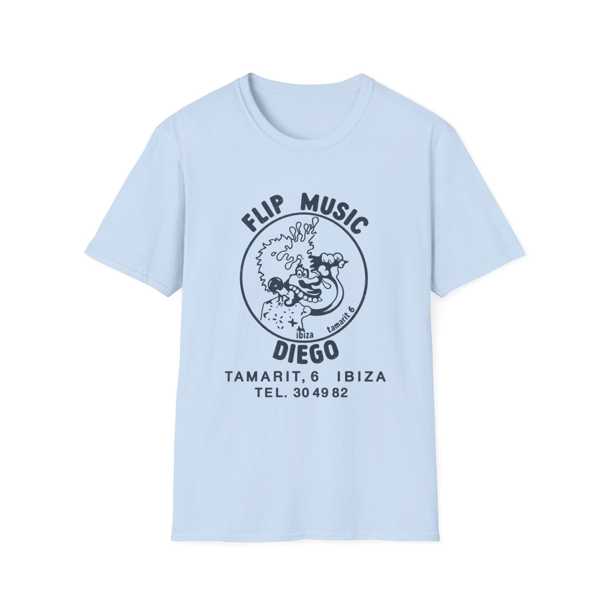 Light blue t-shirt with black "FLIP MUSIC DIEGO" text and graphic.