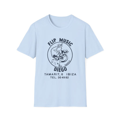 Light blue t-shirt with black "FLIP MUSIC DIEGO" text and graphic.
