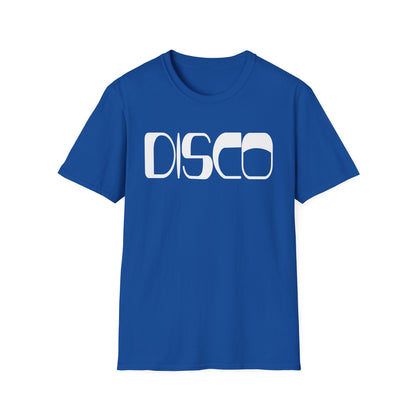 Blue t-shirt with white "DISCO" text in a retro font.