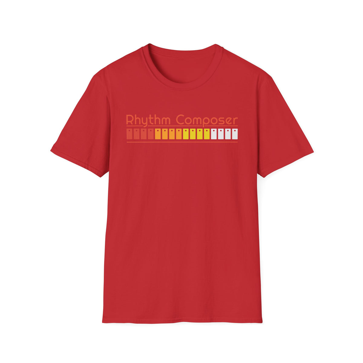 Red t-shirt with "Rhythm Composer" text and a colorful equalizer graphic.
