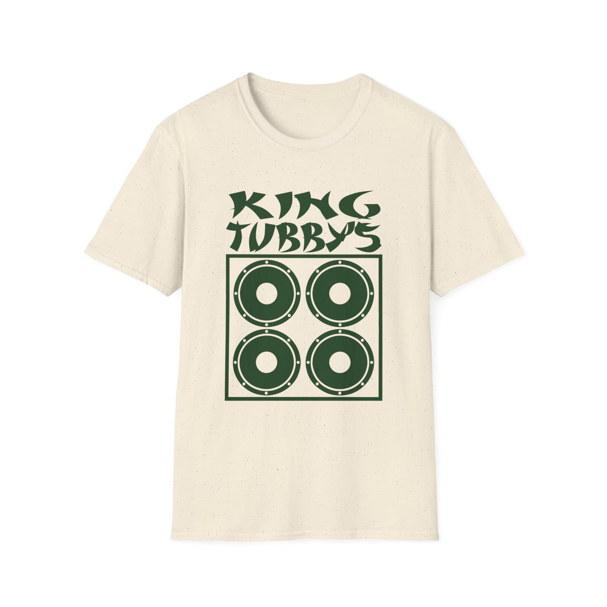 Cream t-shirt with green King Tubby's logo and four speaker graphic.