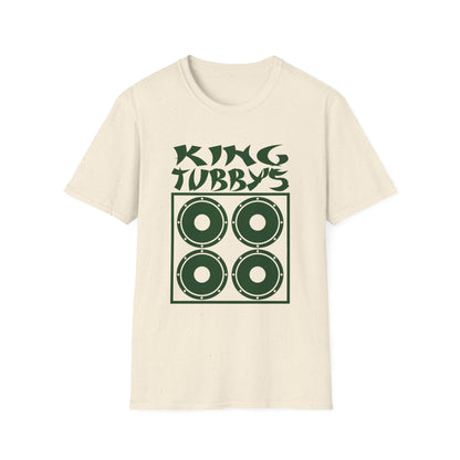 Cream t-shirt with green King Tubby's logo and four speaker graphic.