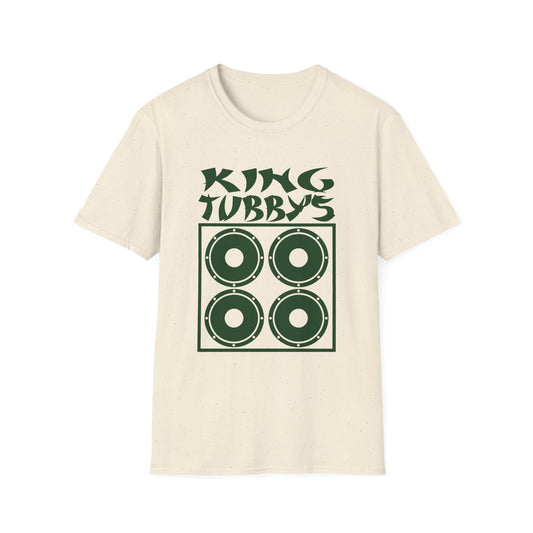 Cream t-shirt with green King Tubby's logo and four speaker graphic.