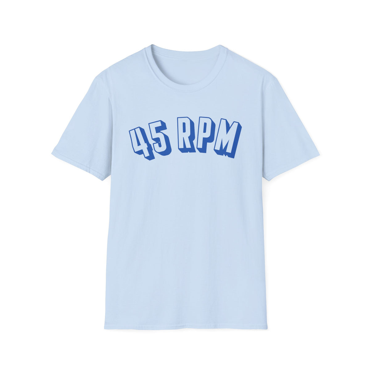 Light blue t-shirt with blue "45 RPM" text across the chest.