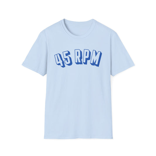 Light blue t-shirt with blue "45 RPM" text across the chest.