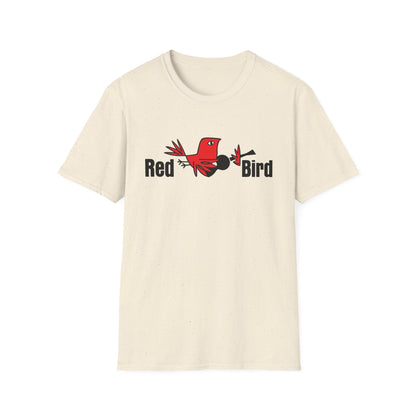 Cream t-shirt with "Red Bird" text and a red bird graphic.