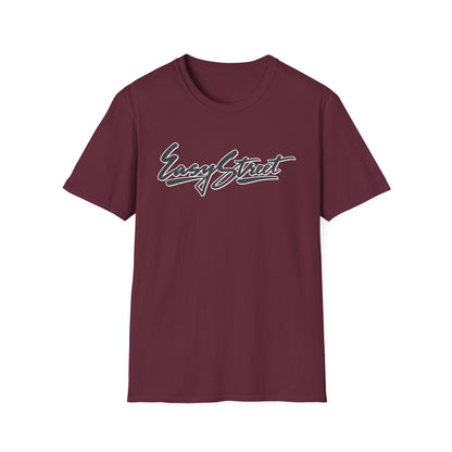 Burgundy t-shirt with "Easy Street" text in white and black script.