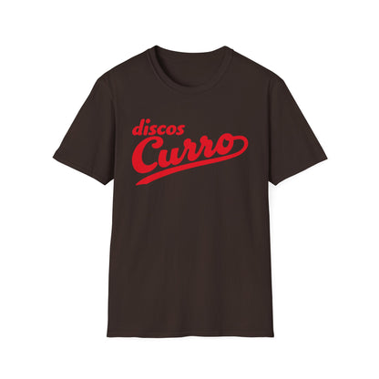 Brown t-shirt with red "discos Curro" text on the chest.