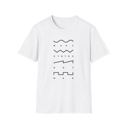 White t-shirt with "MAKE SYNTHS NOT WAR" text and graphic waveform designs.