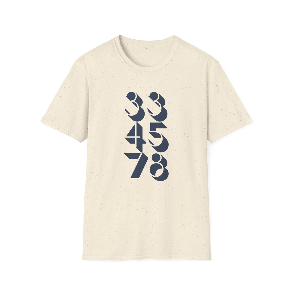 Cream t-shirt with dark blue graphic numbers 33, 45, and 78.