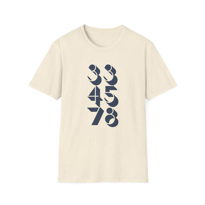Cream t-shirt with dark blue graphic numbers 33, 45, and 78.