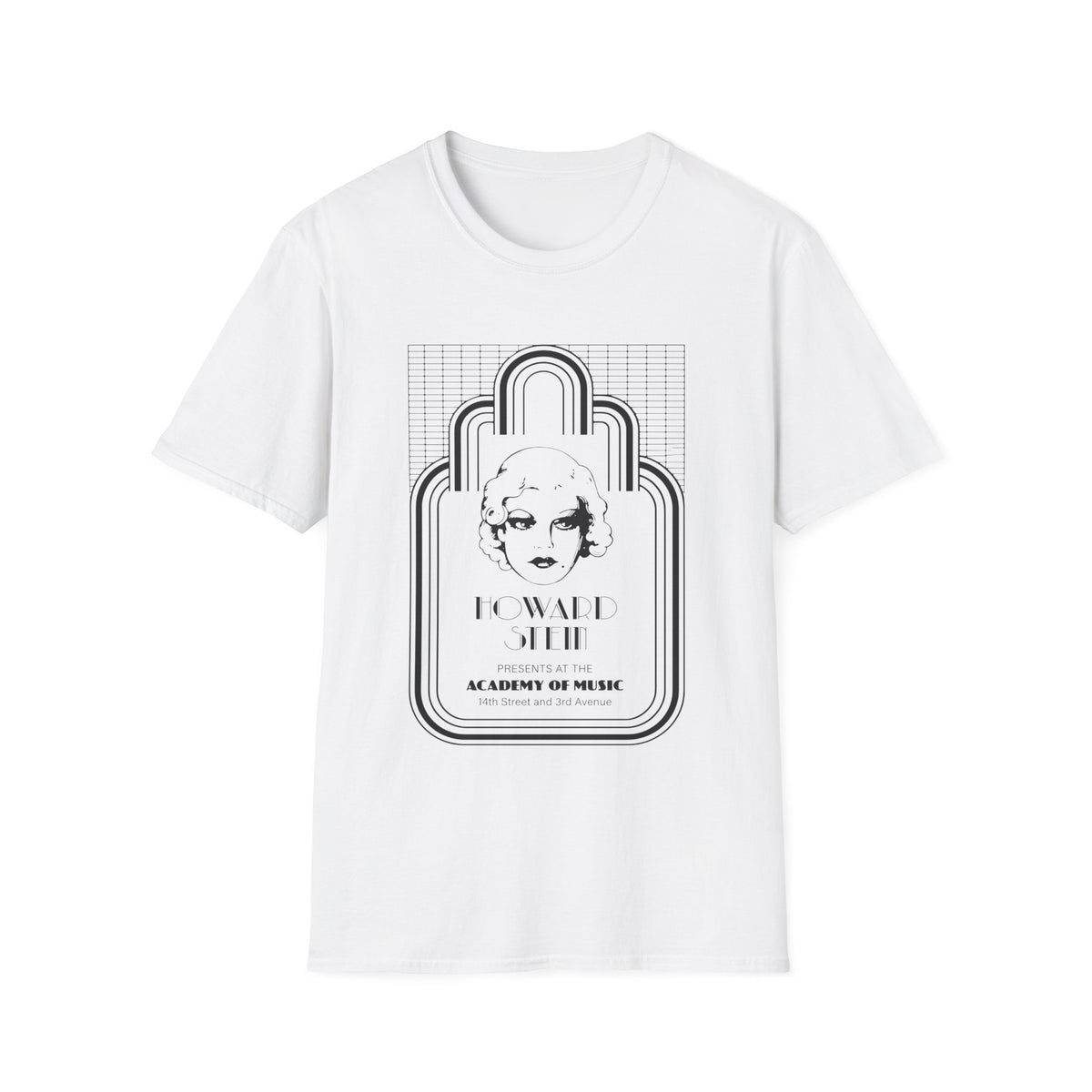 White t-shirt with black graphic: Howard Stein Presents at Academy of Music.