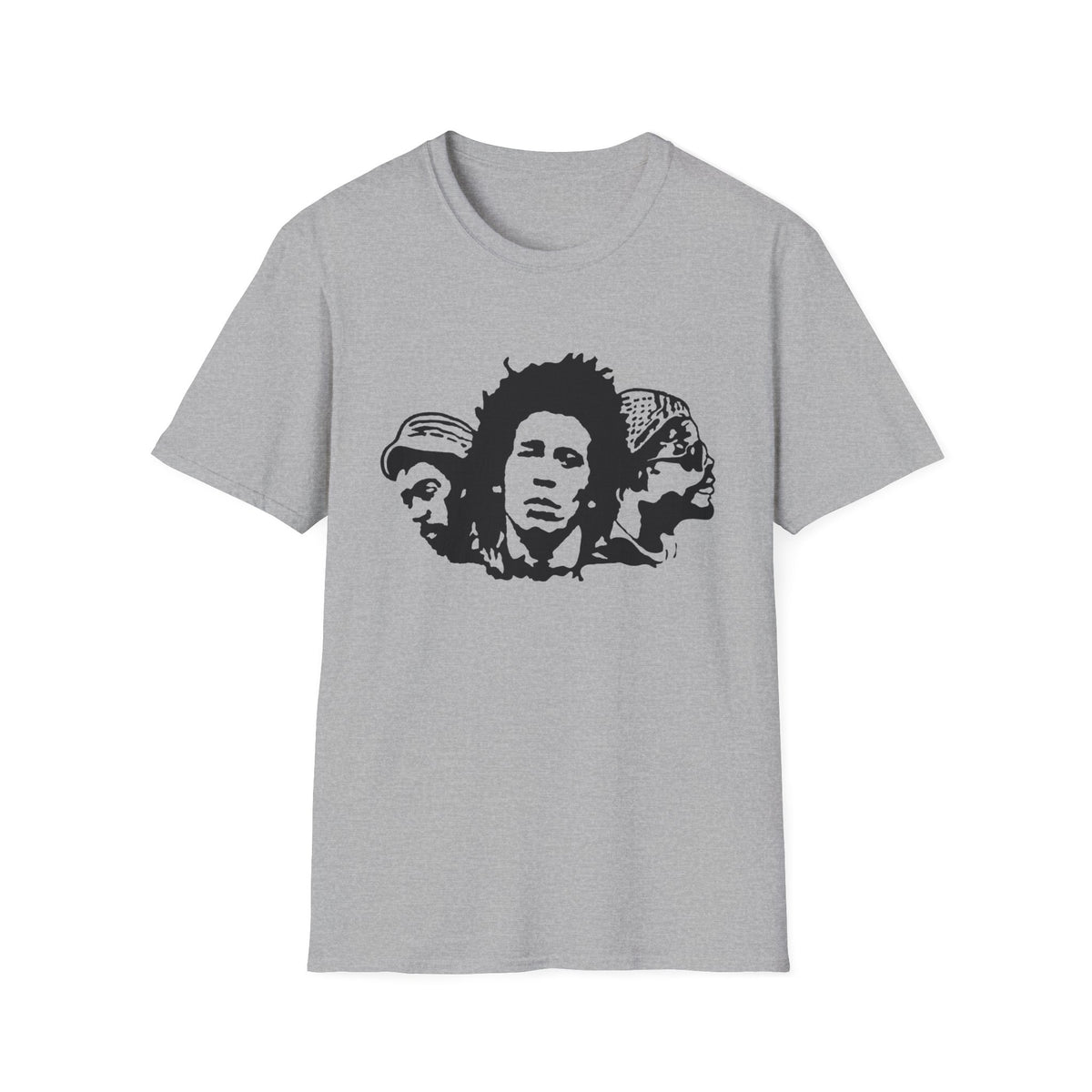 T-shirt with a black graphic print of three stylized faces, centered on the chest.