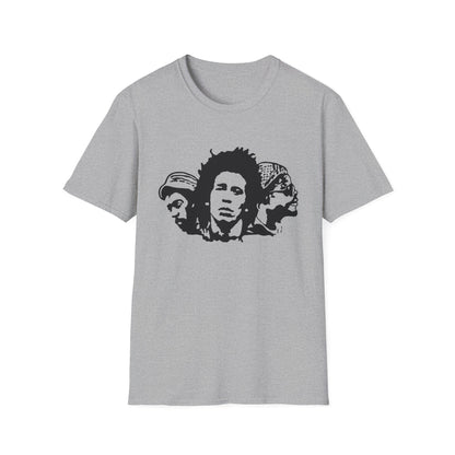 T-shirt with a black graphic print of three stylized faces, centered on the chest.