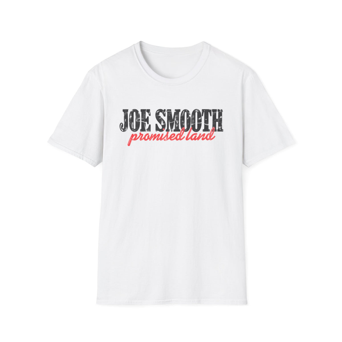 White t-shirt with distressed black "JOE SMOOTH" and red "promised land" text.