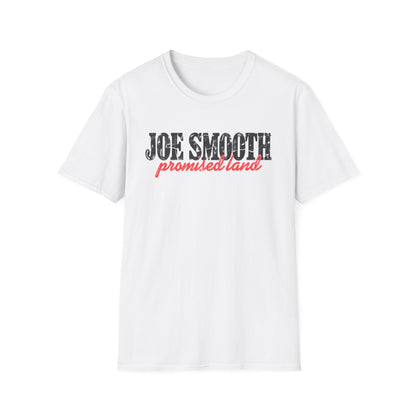 White t-shirt with distressed black "JOE SMOOTH" and red "promised land" text.