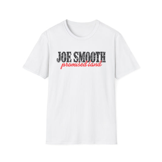 White t-shirt with distressed black "JOE SMOOTH" and red "promised land" text.