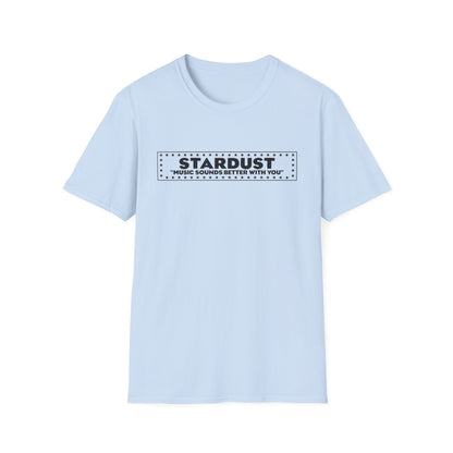 Light blue t-shirt with black "STARDUST" text and quote.