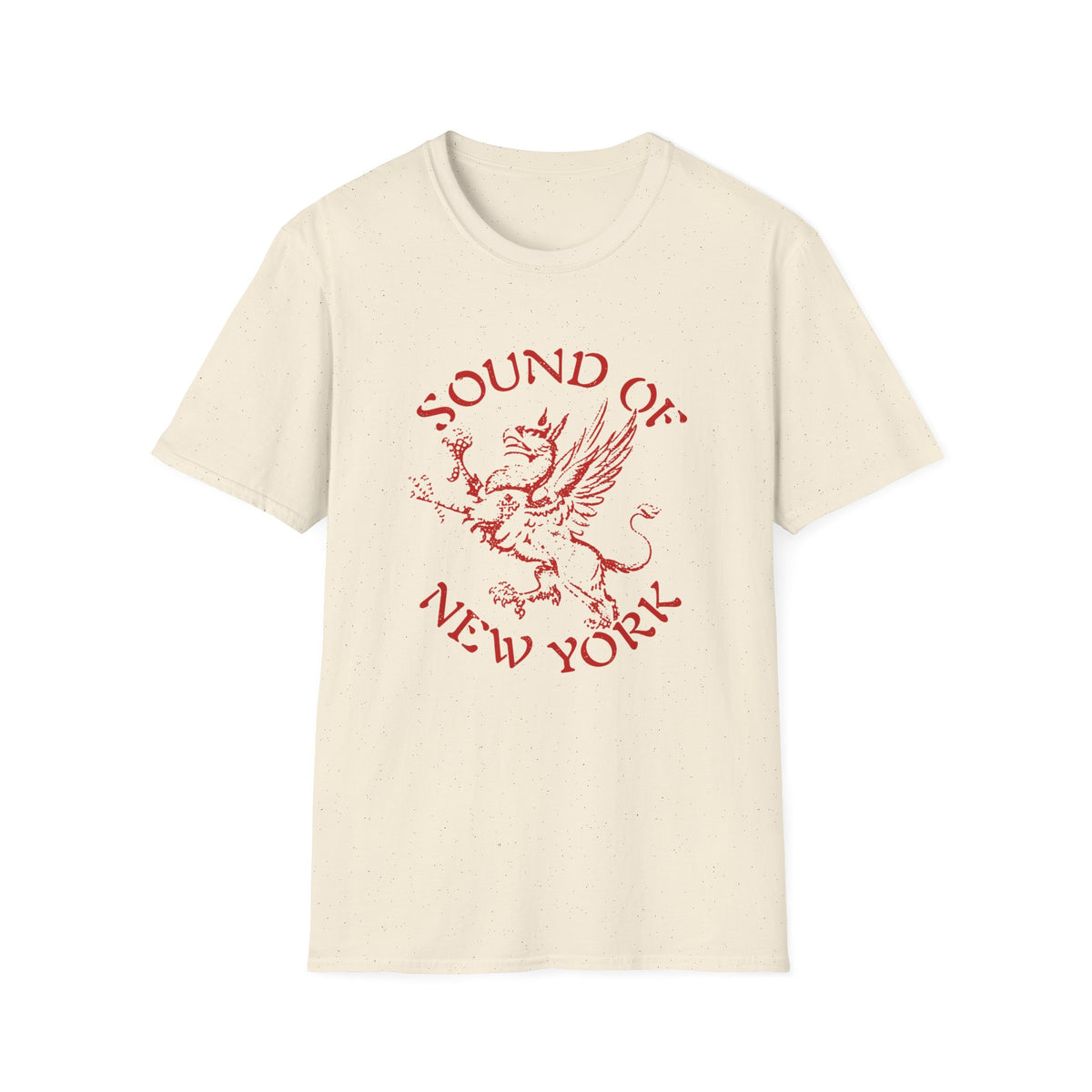 Cream t-shirt with red griffin graphic and text "SOUND OF NEW YORK".