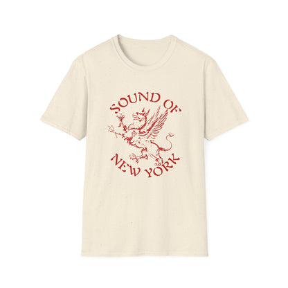 Cream t-shirt with red griffin graphic and text "SOUND OF NEW YORK".