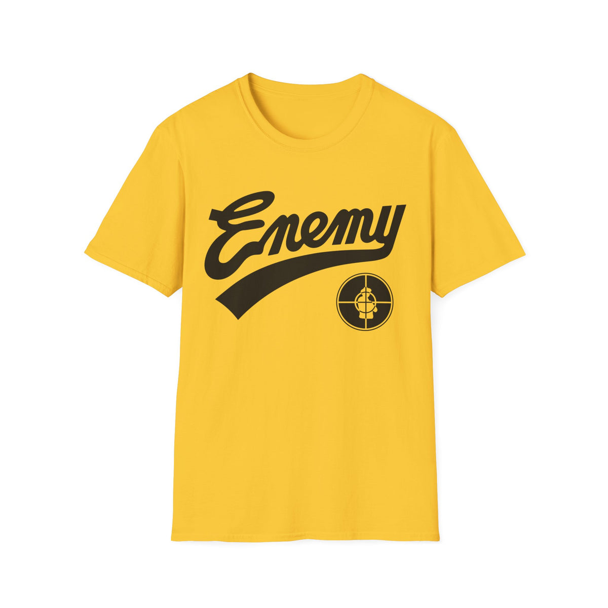 Yellow t-shirt with black "Enemy" text and a target logo.