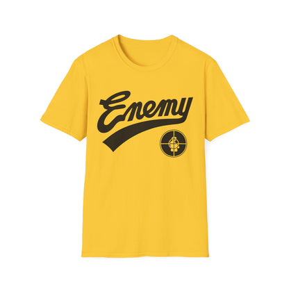 Yellow t-shirt with black "Enemy" text and a target logo.