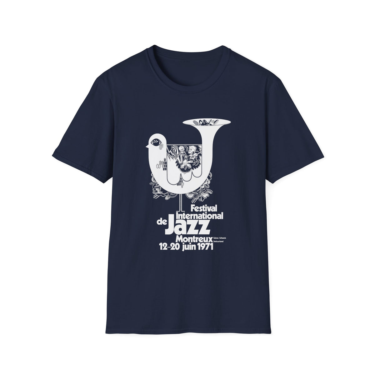 Navy t-shirt with white graphic for the 1971 Montreux International Jazz Festival.