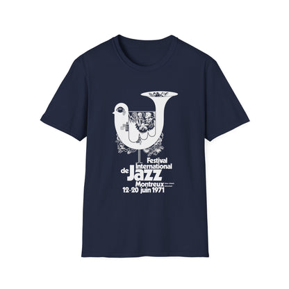 Navy t-shirt with white graphic for the 1971 Montreux International Jazz Festival.