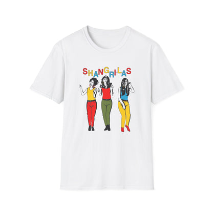 White t-shirt with colorful "SHANGRI-LAS" text and illustration of three women.