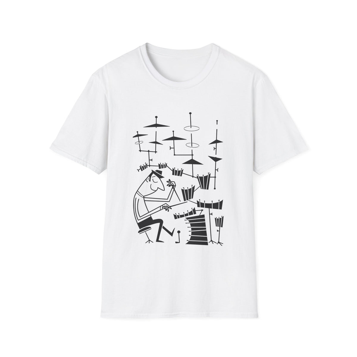 White t-shirt with black line drawing of a jazz drummer playing a drum set.