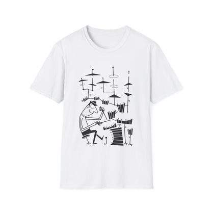 White t-shirt with black line drawing of a jazz drummer playing a drum set.