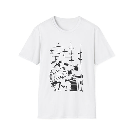 White t-shirt with black line drawing of a jazz drummer playing a drum set.