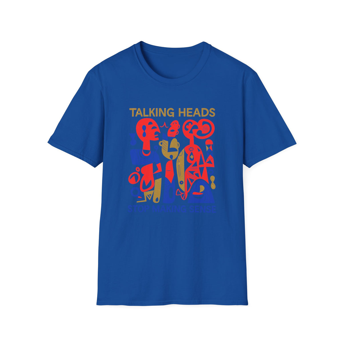 Blue t-shirt with "TALKING HEADS" and abstract art in red and gold.