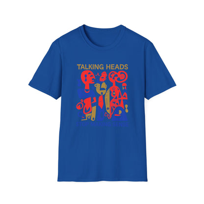 Blue t-shirt with "TALKING HEADS" and abstract art in red and gold.
